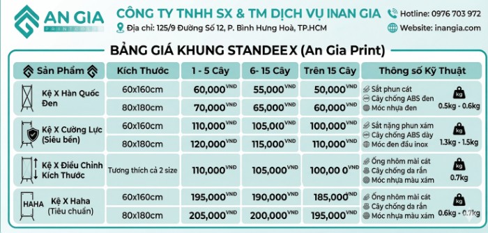 Bảng giá khung standee X An Gia với các loại kệ X hàn quốc đen, kệ X cường lực, kệ X điều chỉnh và kệ X haha